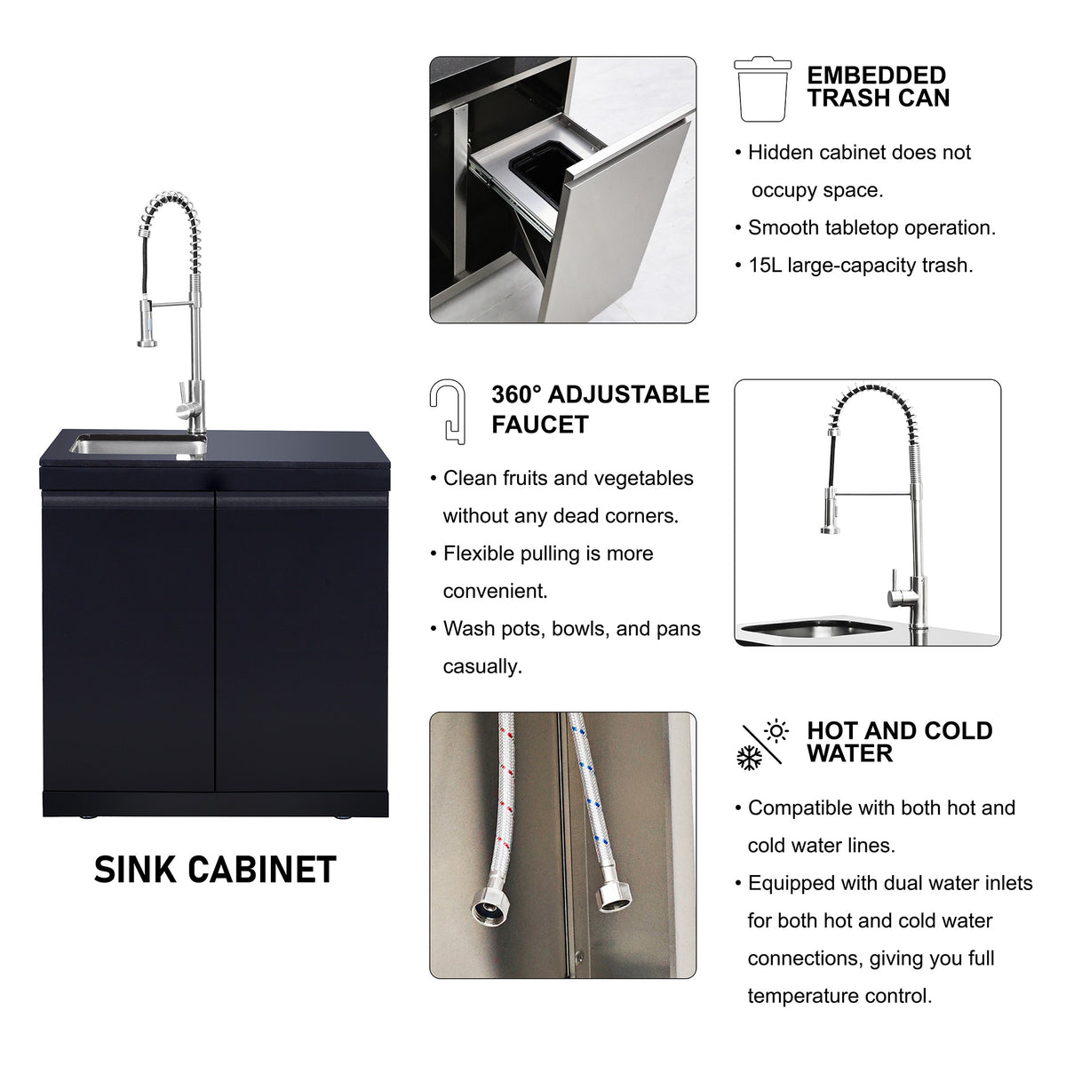 Outdoor Sink Cabinet with Pull-Down Faucet Black Stainless steel