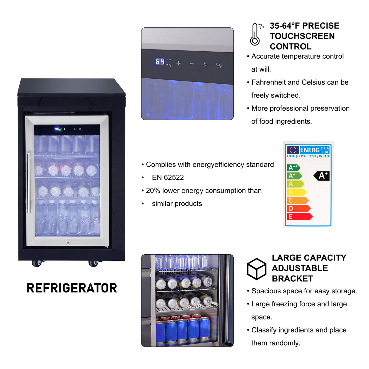 Outdoor Beverage Fridge Cabinet with Storage  Black Stainless steel 304