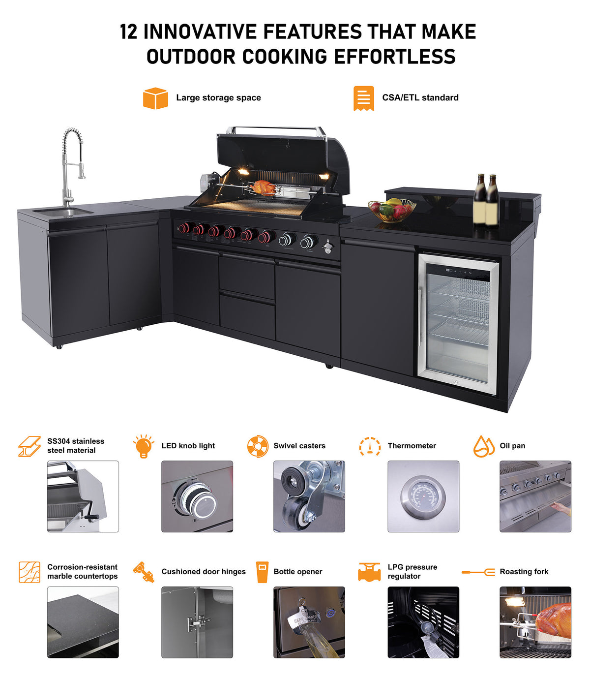 Black Modular Outdoor Kitchen set with Grill Black Stainless Steel 304